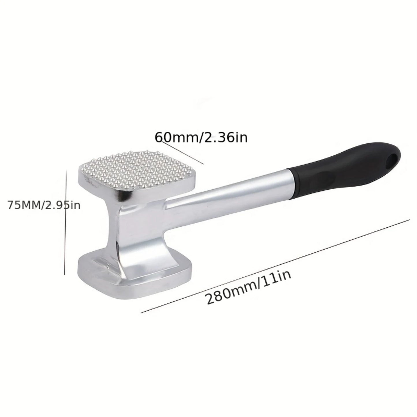 Silver hammer with black handle and measurements on a white background
