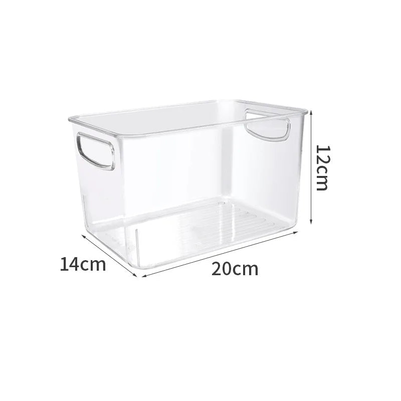 Clear storage bin with dimensions labeled on a white background