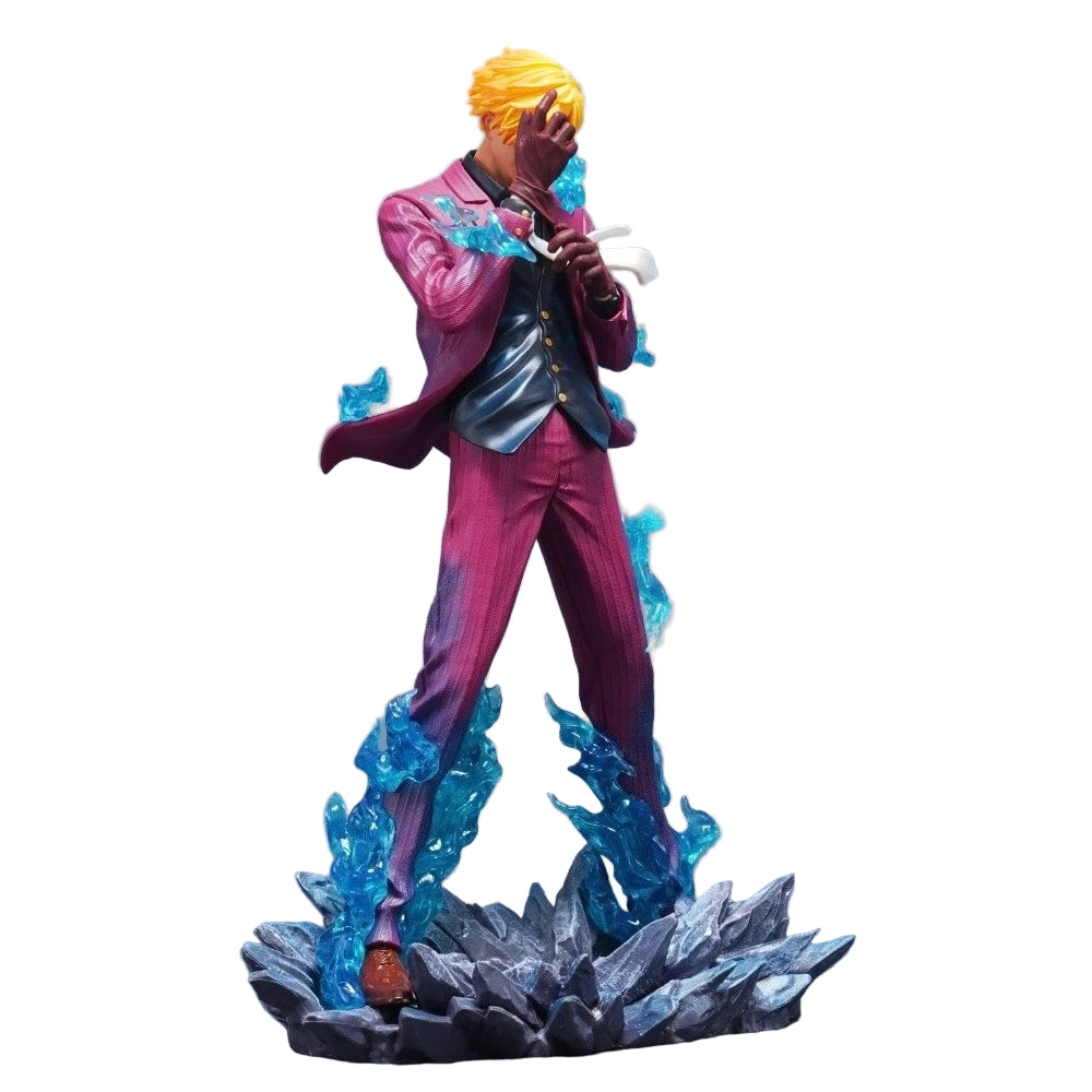Colorful figurine with blue energy effects on a gray background