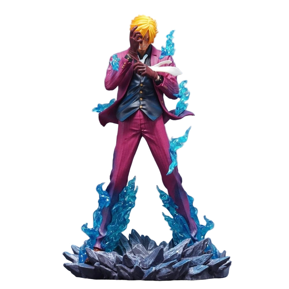 Statue of a character in a pink suit with blue energy effects on a white background