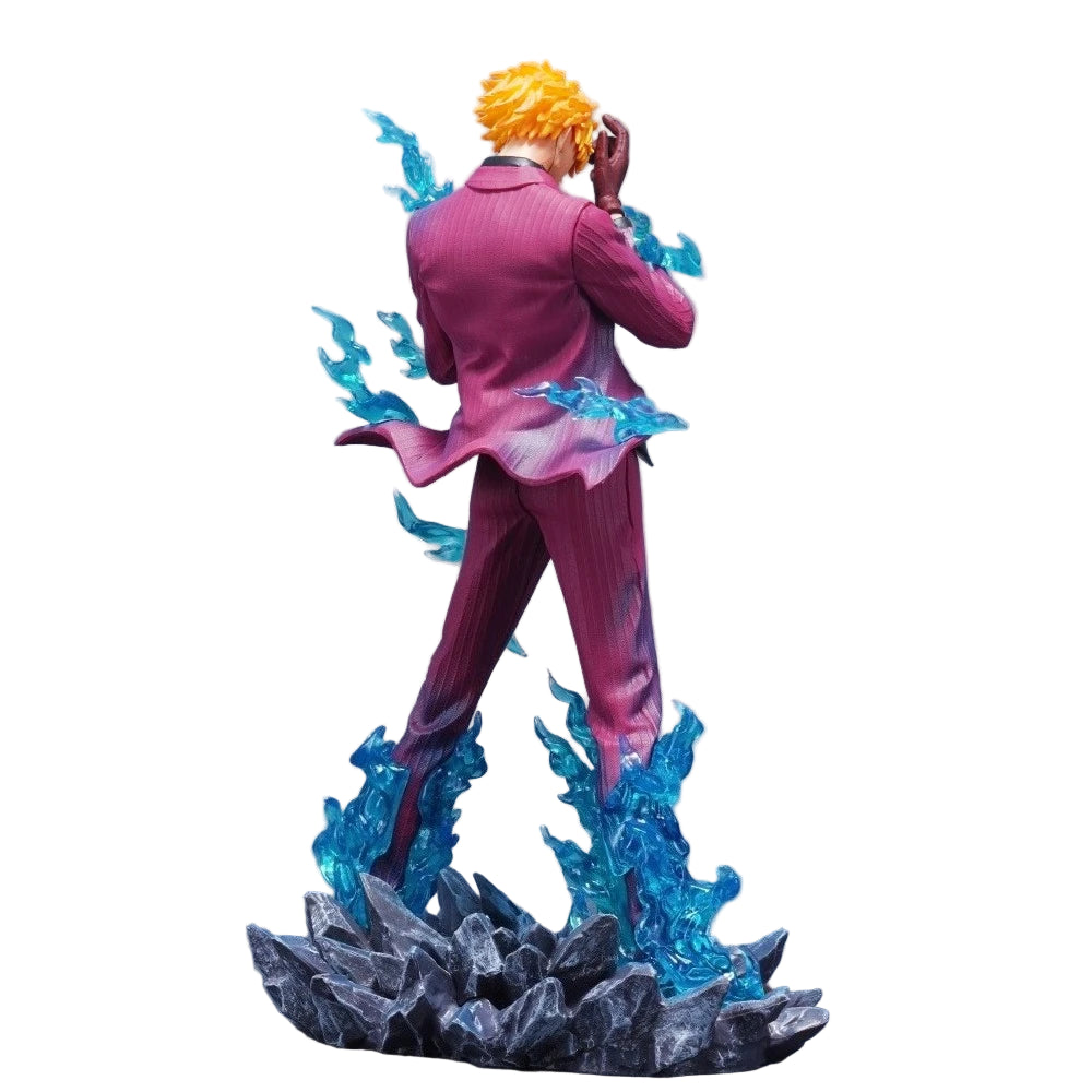 Statue of a character in a pink suit with blue energy effects on a gray background