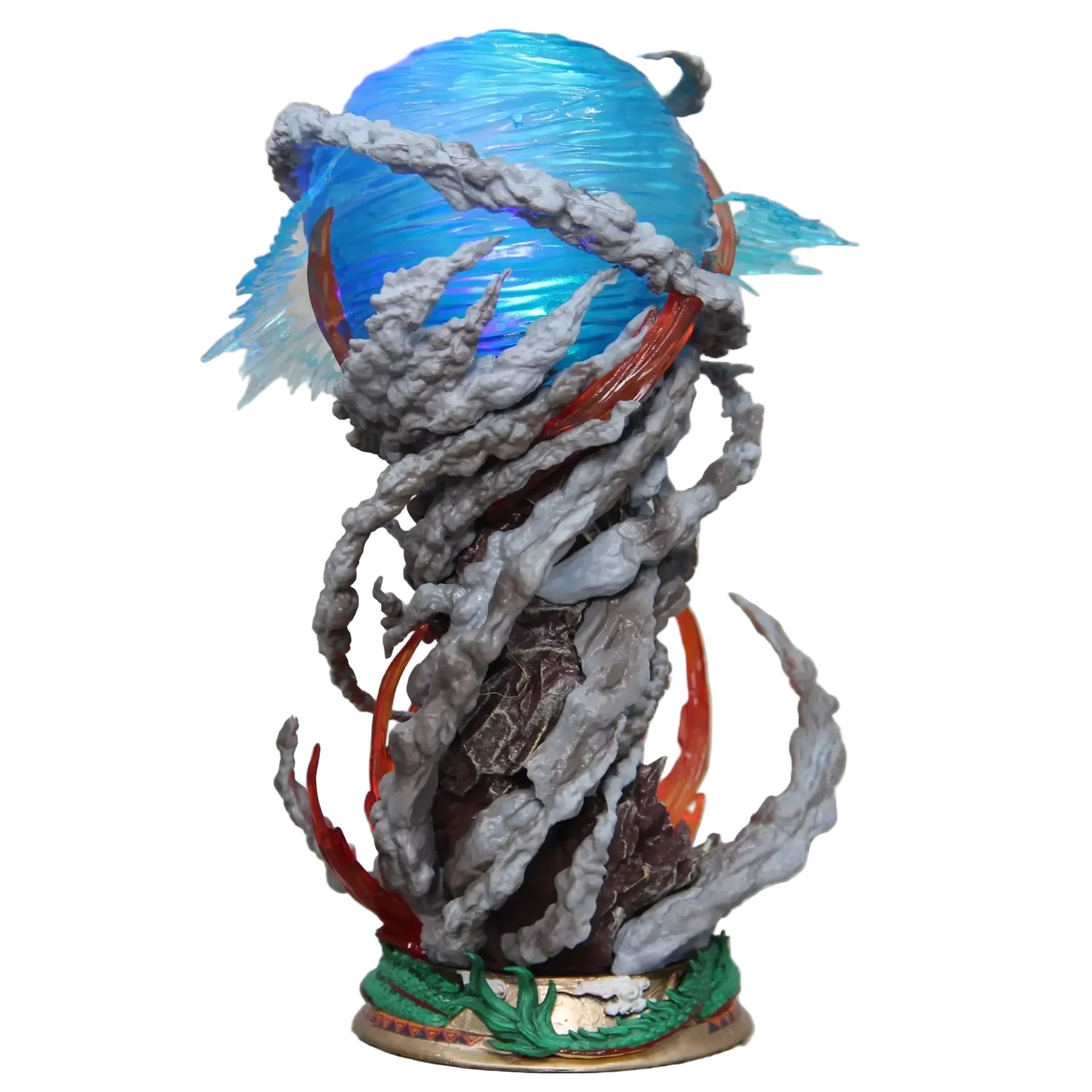 Detailed figurine with blue light on a textured gray background