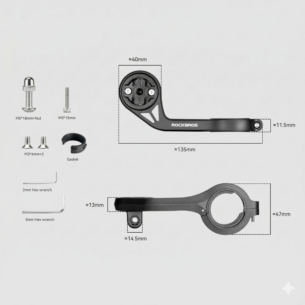 Technical diagram of a bicycle chainstay with dimensions and included components on a light gray background.