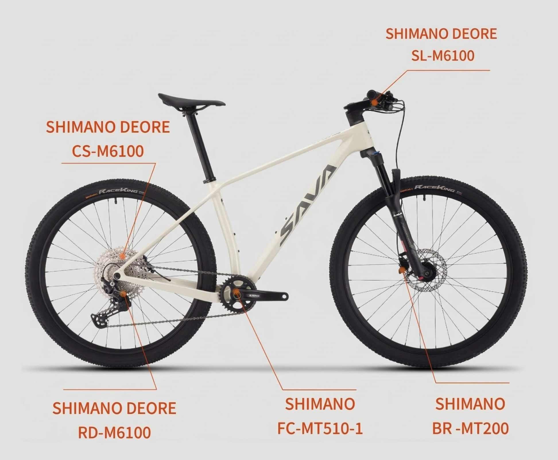 White bicycle with labeled Shimano components on a gray background