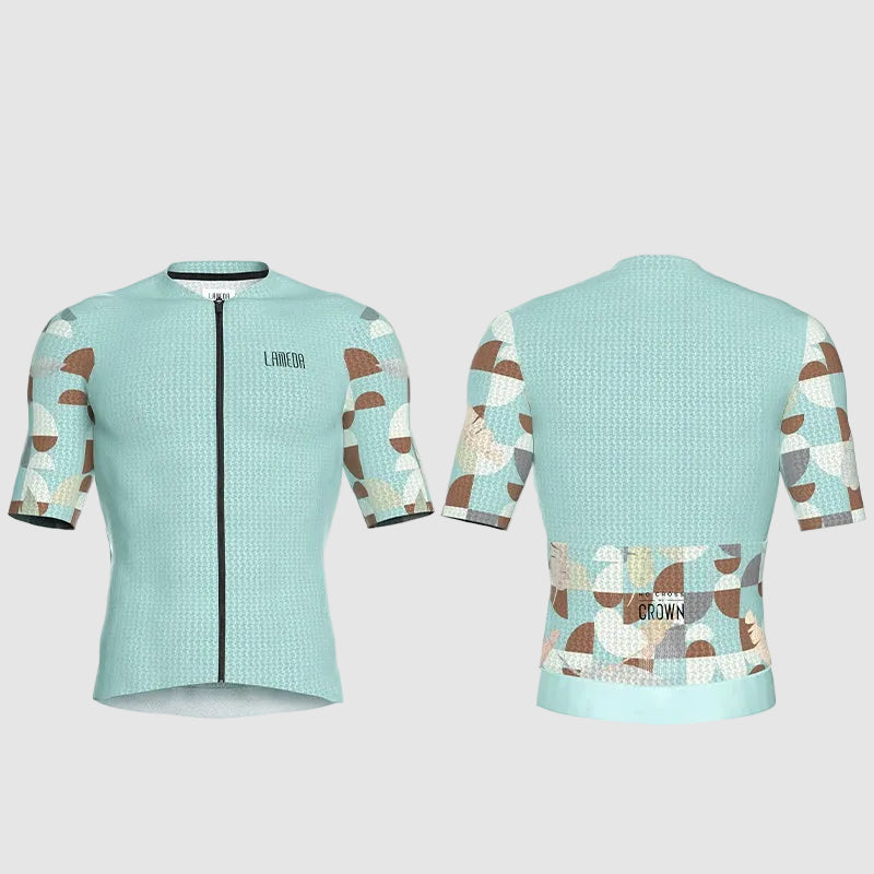 Light blue cycling jersey with patterned sleeves and back, featuring brand logo.