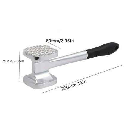 Silver hammer with black handle and measurements on a white background