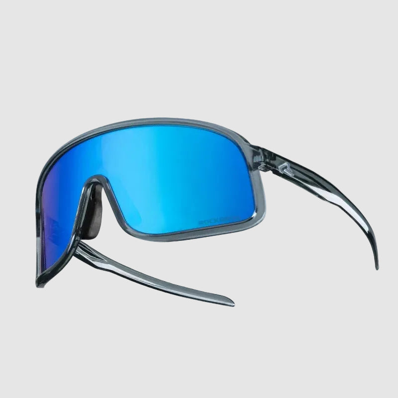 Polarized sunglasses with blue lenses on a white background