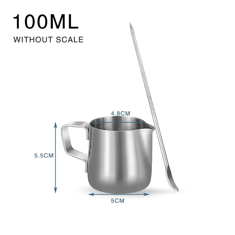 Stainless steel milk pitcher with measurements on a white background