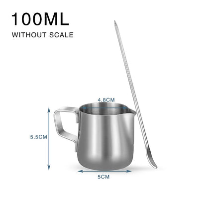 Stainless steel milk pitcher with measurements on a white background