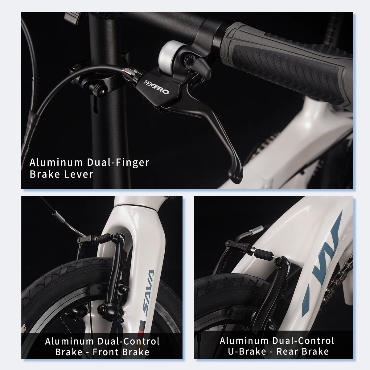 Close-up of bicycle brake levers and components with brand name on a black background