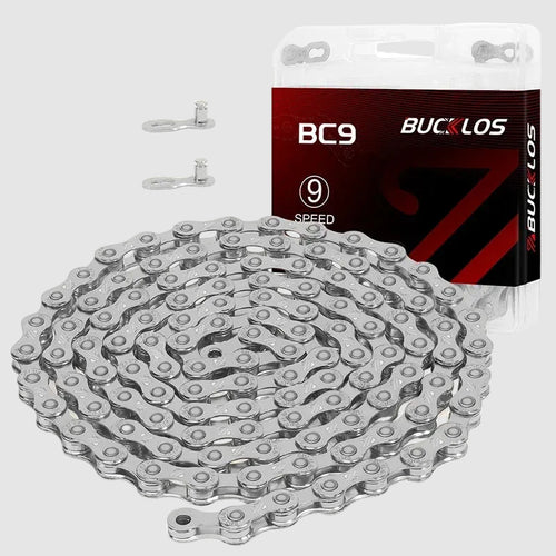 Bicycle chain with packaging and links on a white background, featuring the Bucklos brand.