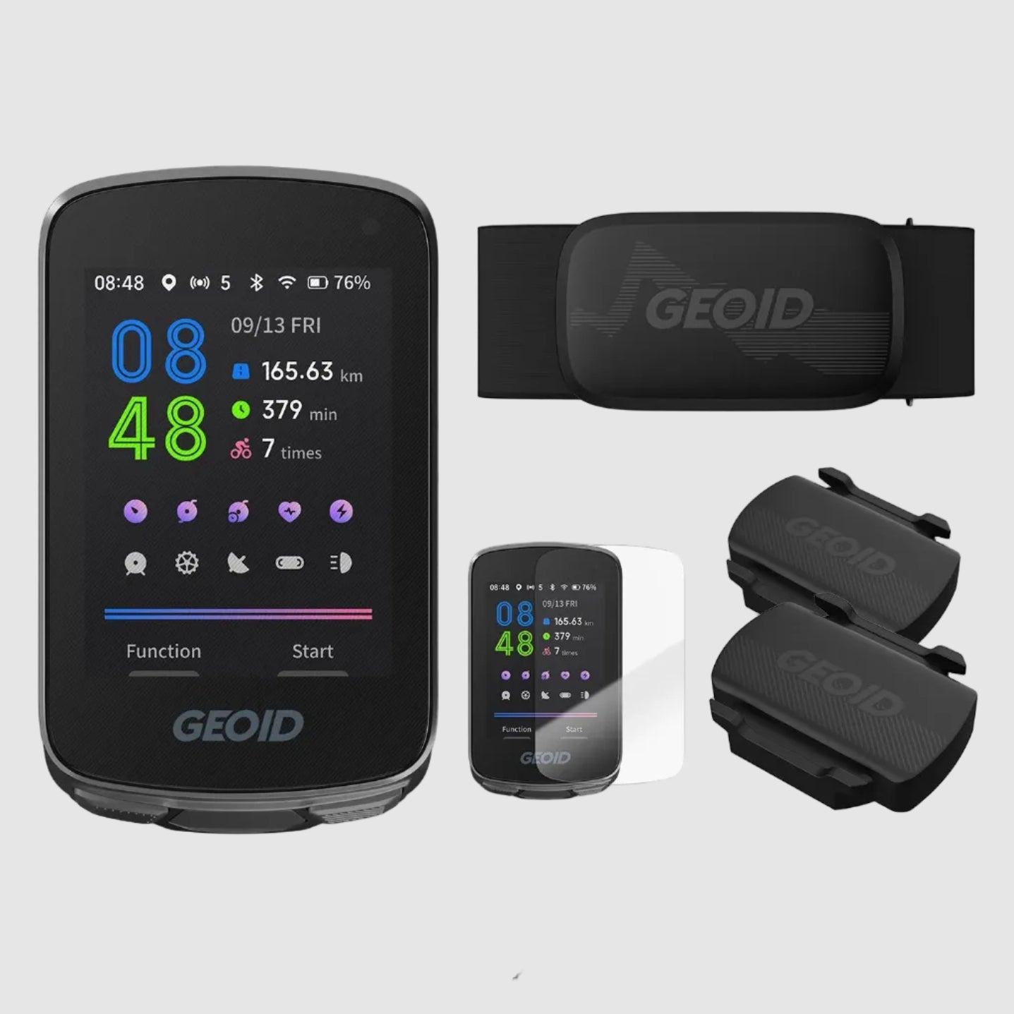 GEOID cycling computer and sensors on a white background