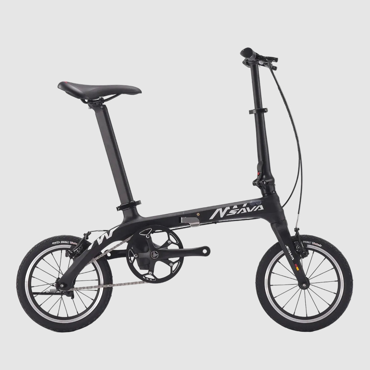 Black folding bicycle with 'N-SAVA' branding on a white background
