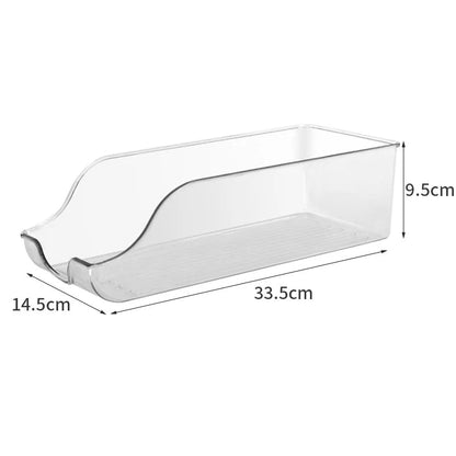 Clear plastic bin with dimensions labeled on a white background