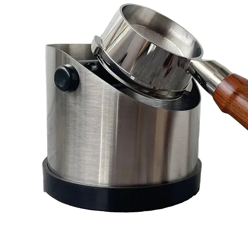 Stainless steel coffee filter holder with wooden handle on a white background