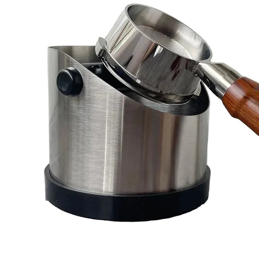Stainless steel coffee filter holder with wooden handle on a white background