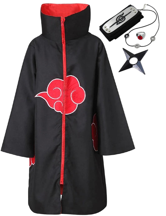 Official Akatsuki Uchiha Itachi Cosplay Cloak – Unisex Black Robe with Red Clouds & Accessories