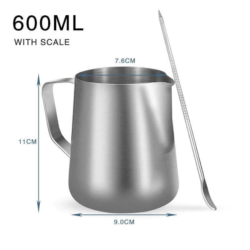 Stainless steel pitcher with measurements on a white background