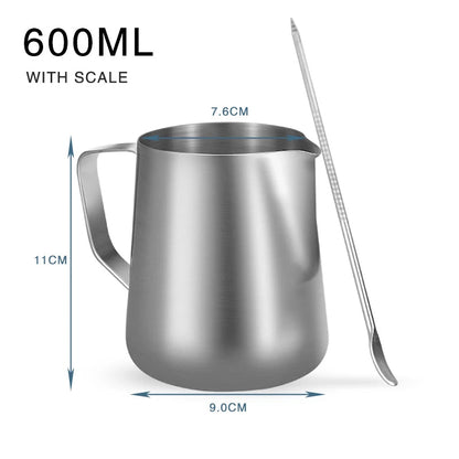 Stainless steel pitcher with measurements on a white background