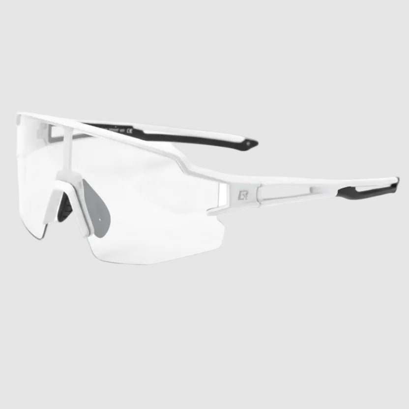 White sunglasses with black accents on a light gray background