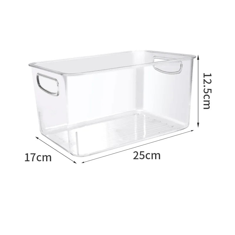Clear storage bin with dimensions labeled on a white background