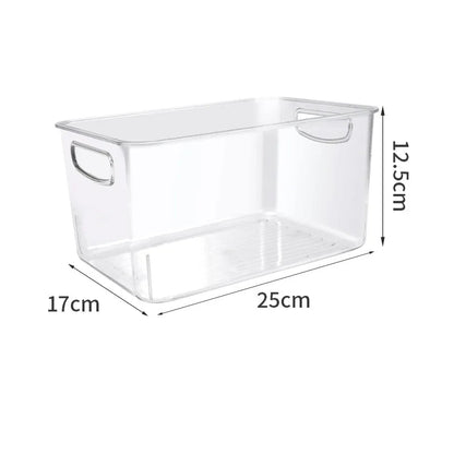 Clear storage bin with dimensions labeled on a white background