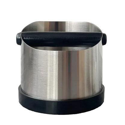 Stainless steel container with black lid on a gray surface, featuring product details.