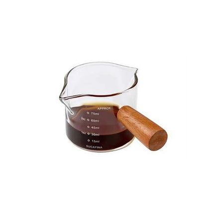 Glass Measuring Cup with Wood Handle – Double-Spout Heat-Resistant Espresso & Milk Measuring Mug