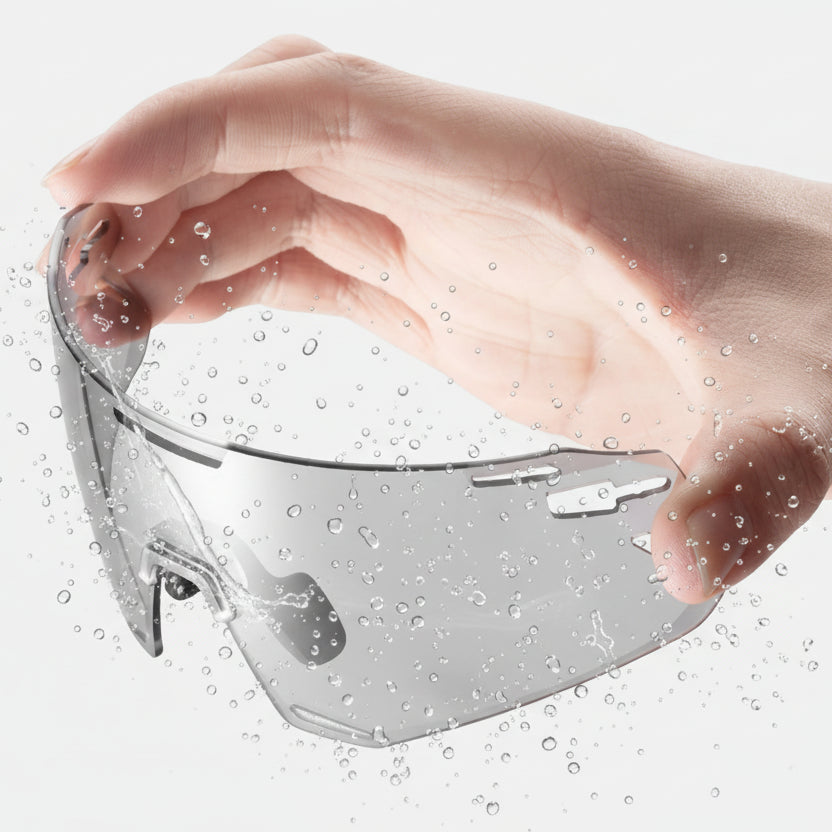 Hand holding a high-toughness hyperbolic lens with product features highlighted.