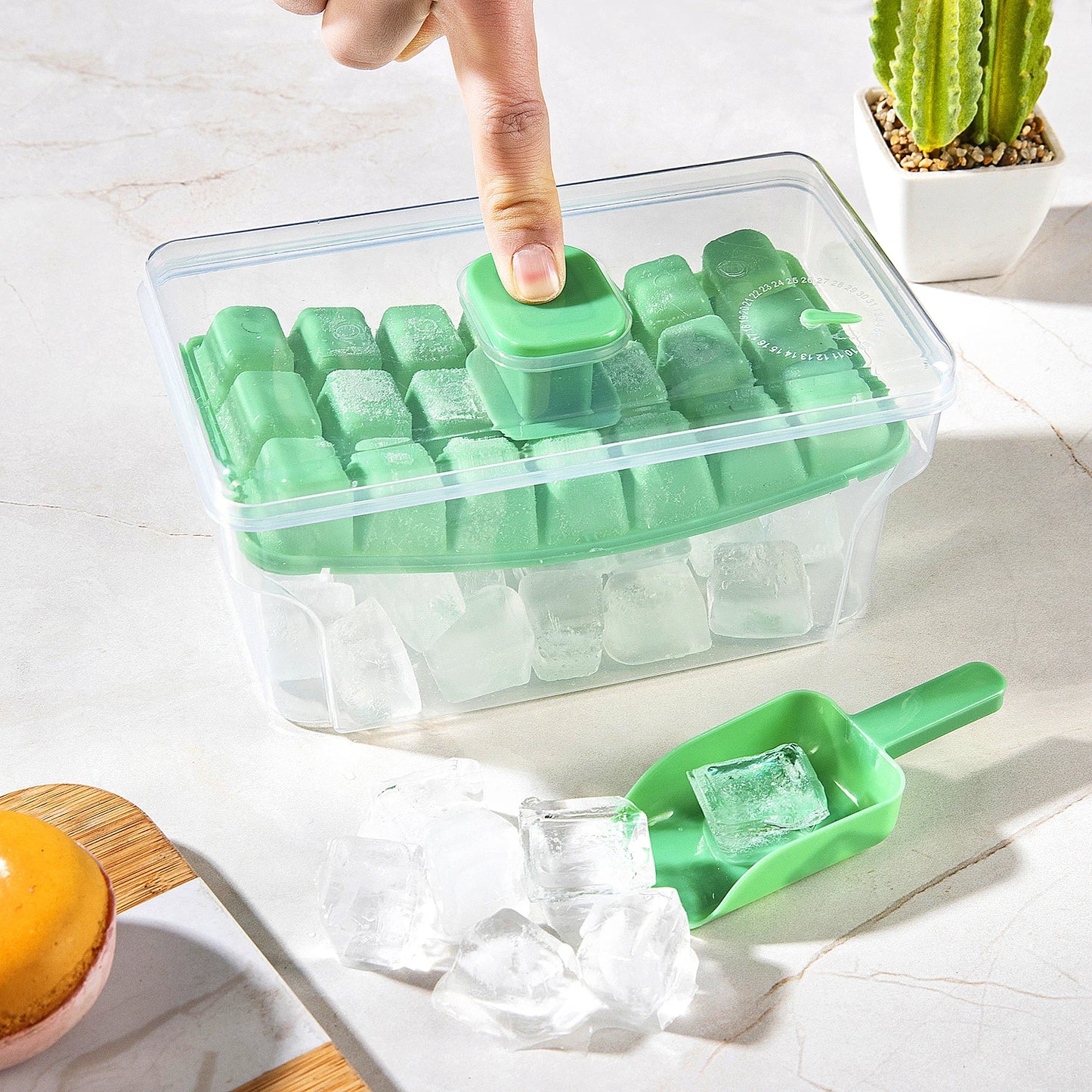 Ice Cube Tray with Lid & Bin - Make 68 Ice Cubes, Easy Press Release, Freezer Storage Organizer