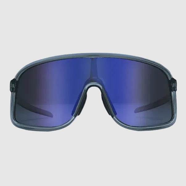 Sunglasses with large frame and blue lenses on a gray background, featuring text about HD quality and comfort.