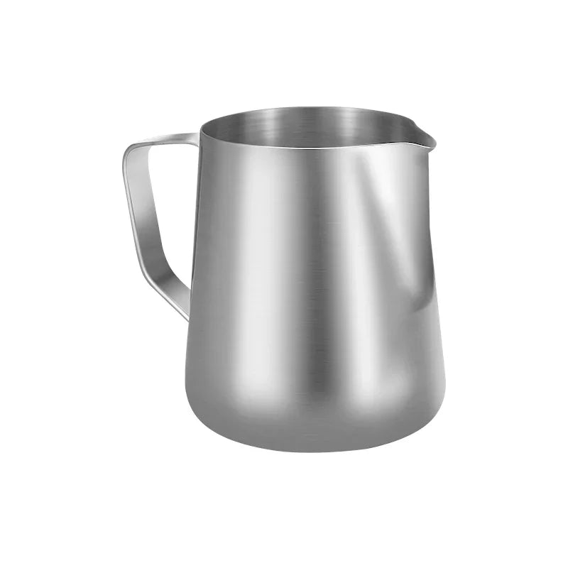 Stainless steel milk pitcher on a white background