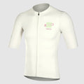 White cycling jersey with a logo on a white background