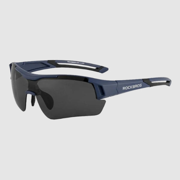 Sunglasses with blue frame and black lenses on a white background, featuring the RockBros brand.