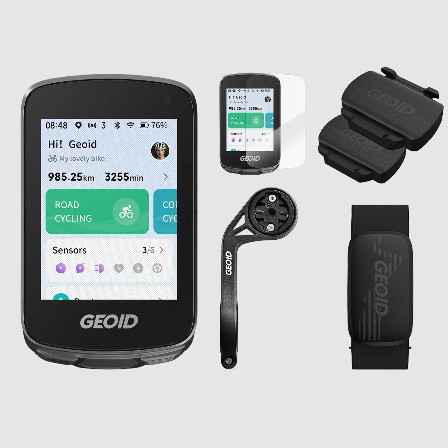 GEOID cycling computer and sensors on a white background