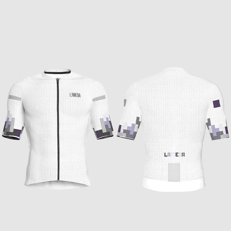 White cycling jersey with black accents on a white background