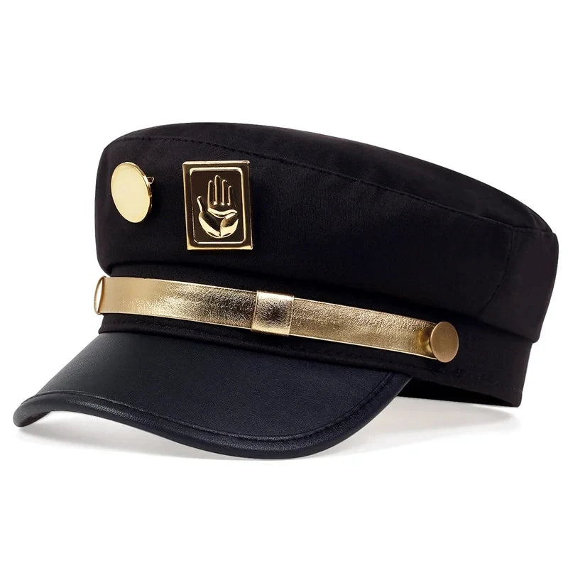 Anime JoJo's Bizarre Adventure Kujo Jotaro Cosplay Cap – Unisex Adult Flat Top Hat with Metal Badge - Maarufu