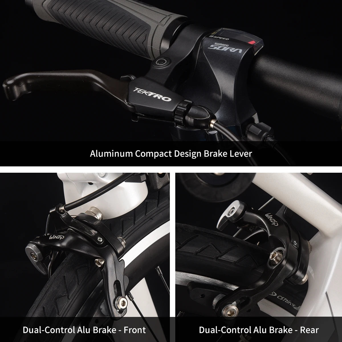 Bicycle brake lever and caliper assembly with Tektro branding on a black background.