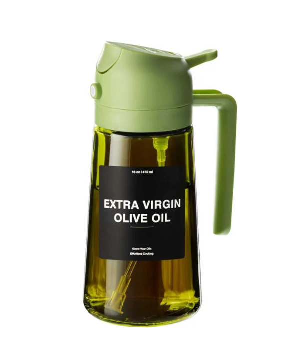 2-in-1 Olive Oil Dispenser & Sprayer – 16oz Glass Oil Bottle with Spray & Pour Function, Dark Green