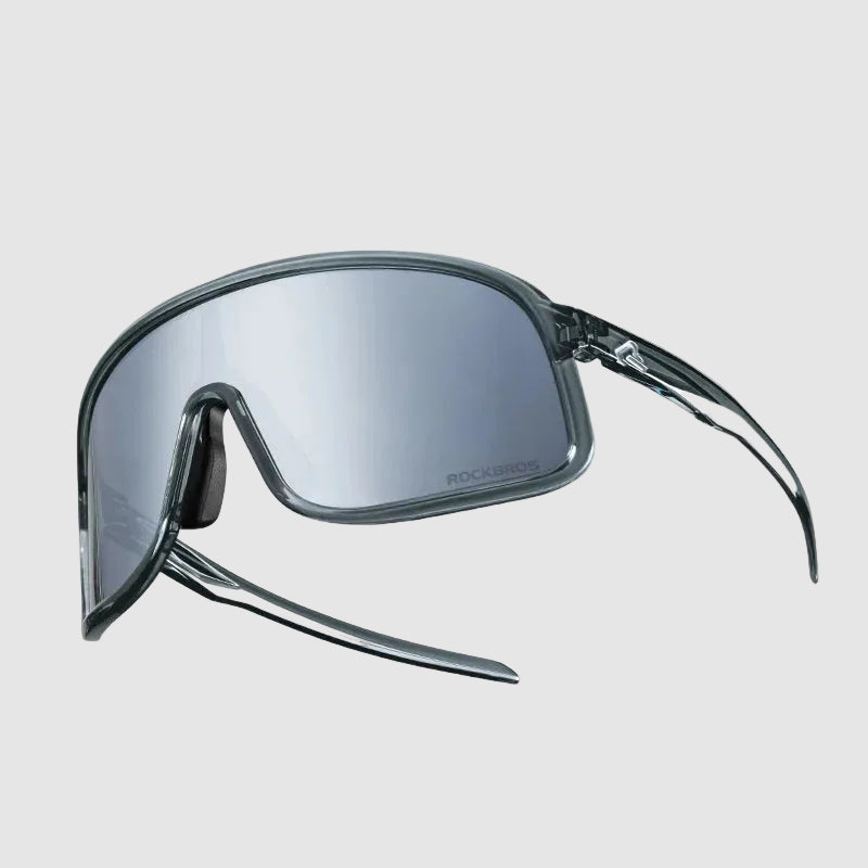 Polarized sunglasses with dark gray lenses on a white background