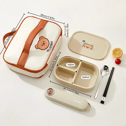 Lunch box set with bear design, including containers, spoon, and chopsticks, on a white background.