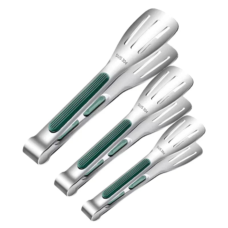 Food Tongs – Non-Slip BBQ, Salad & Serving Tongs (3 Sizes) | Silver & Green Handle