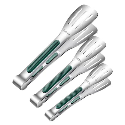 Food Tongs – Non-Slip BBQ, Salad & Serving Tongs (3 Sizes) | Silver & Green Handle