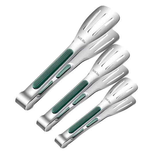 Food Tongs – Non-Slip BBQ, Salad & Serving Tongs (3 Sizes) | Silver & Green Handle