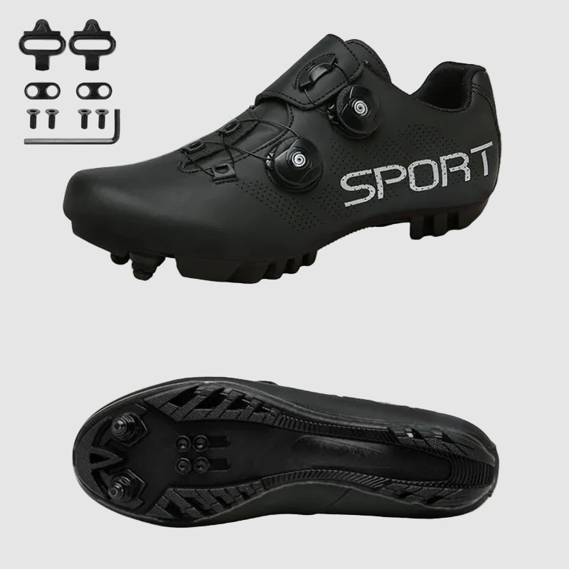 Black sports shoes with 'SPORT' branding on a white background