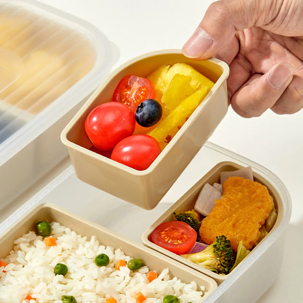 Hand holding a bento box with compartments filled with various foods on a white background