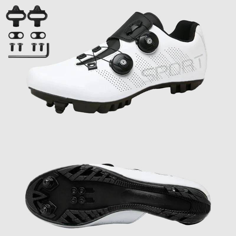 White cycling shoes with black cleats and components on a white background