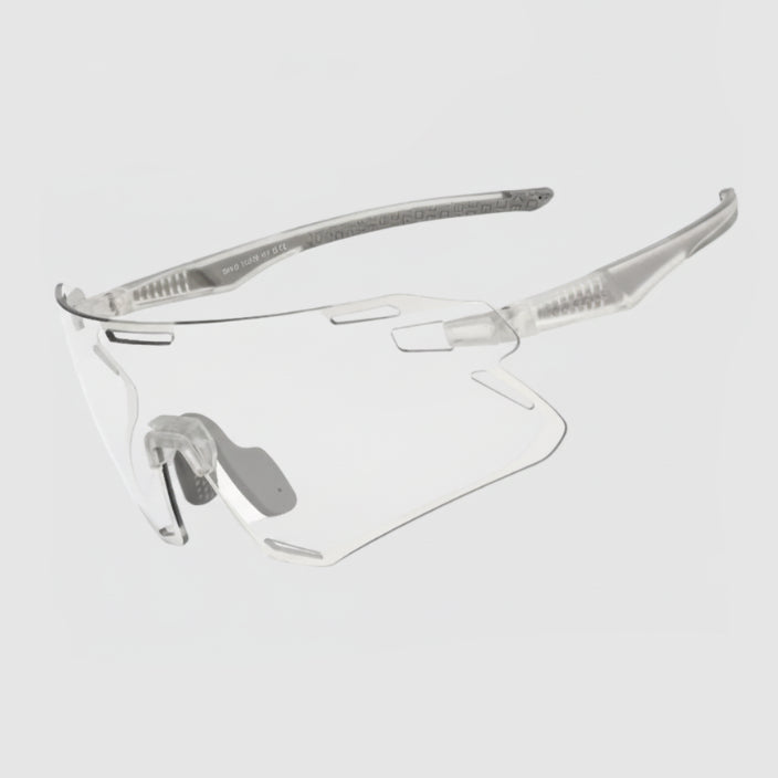 Clear photochromic lens eyeglasses on a white background with text about lens properties.