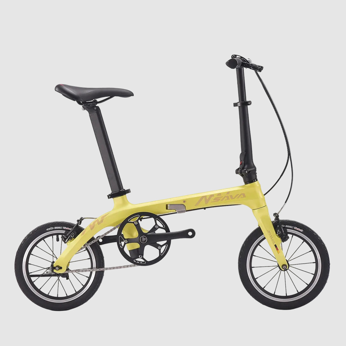 Yellow folding bike with black components on a white background