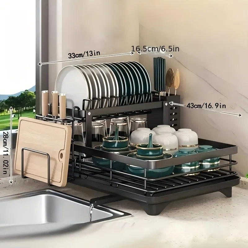 Double-Tier Extendable Dish Drainer – Large Capacity Utensil Rack & Draining Board for Kitchen Countertops